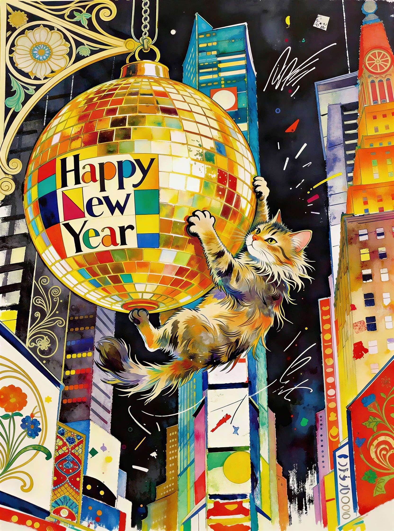 Whimsical Watercolor Illustration of Cat and Disco Ball