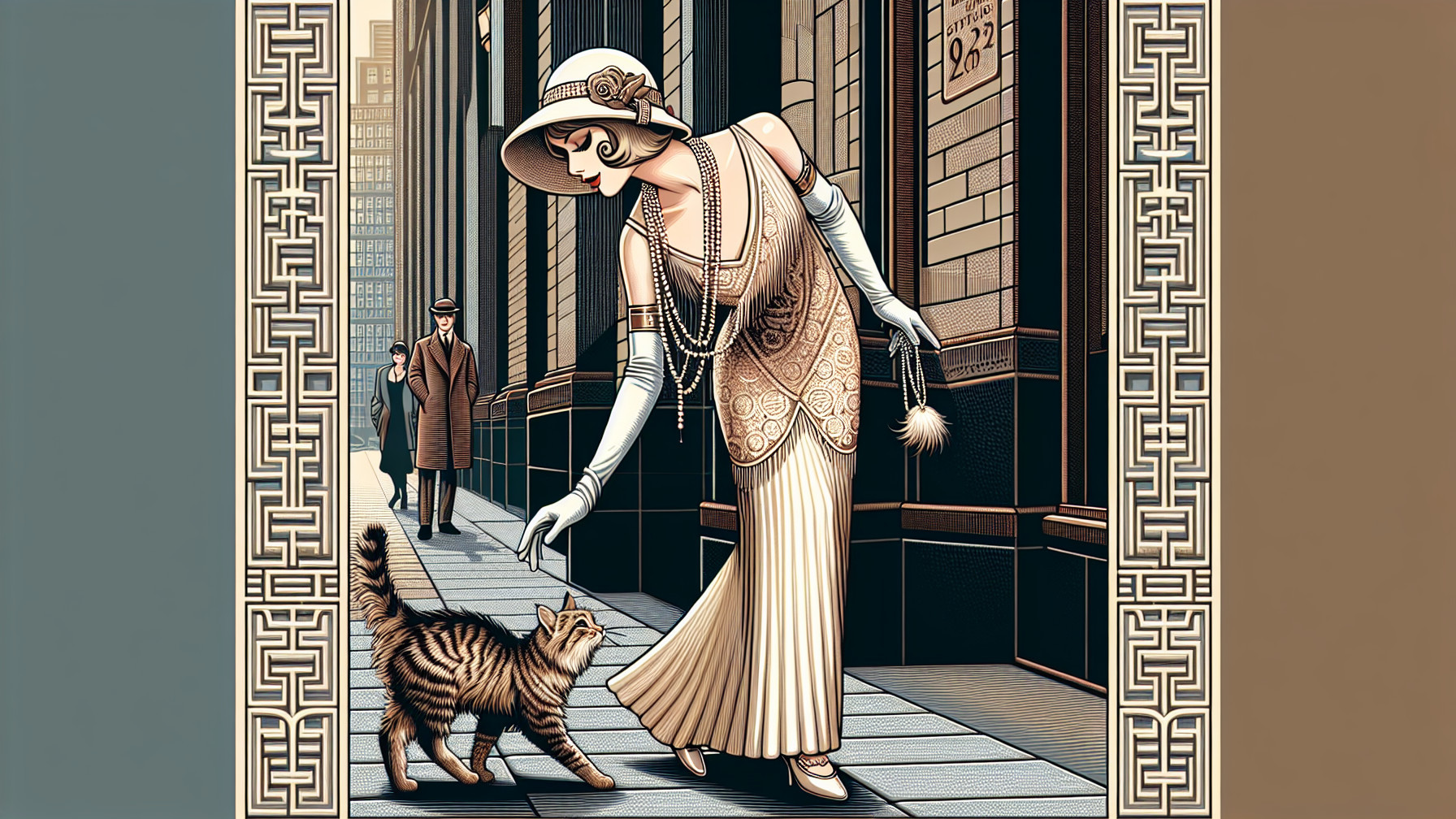 1920s Glamorous Woman Pets Tabby Cat in City Scene