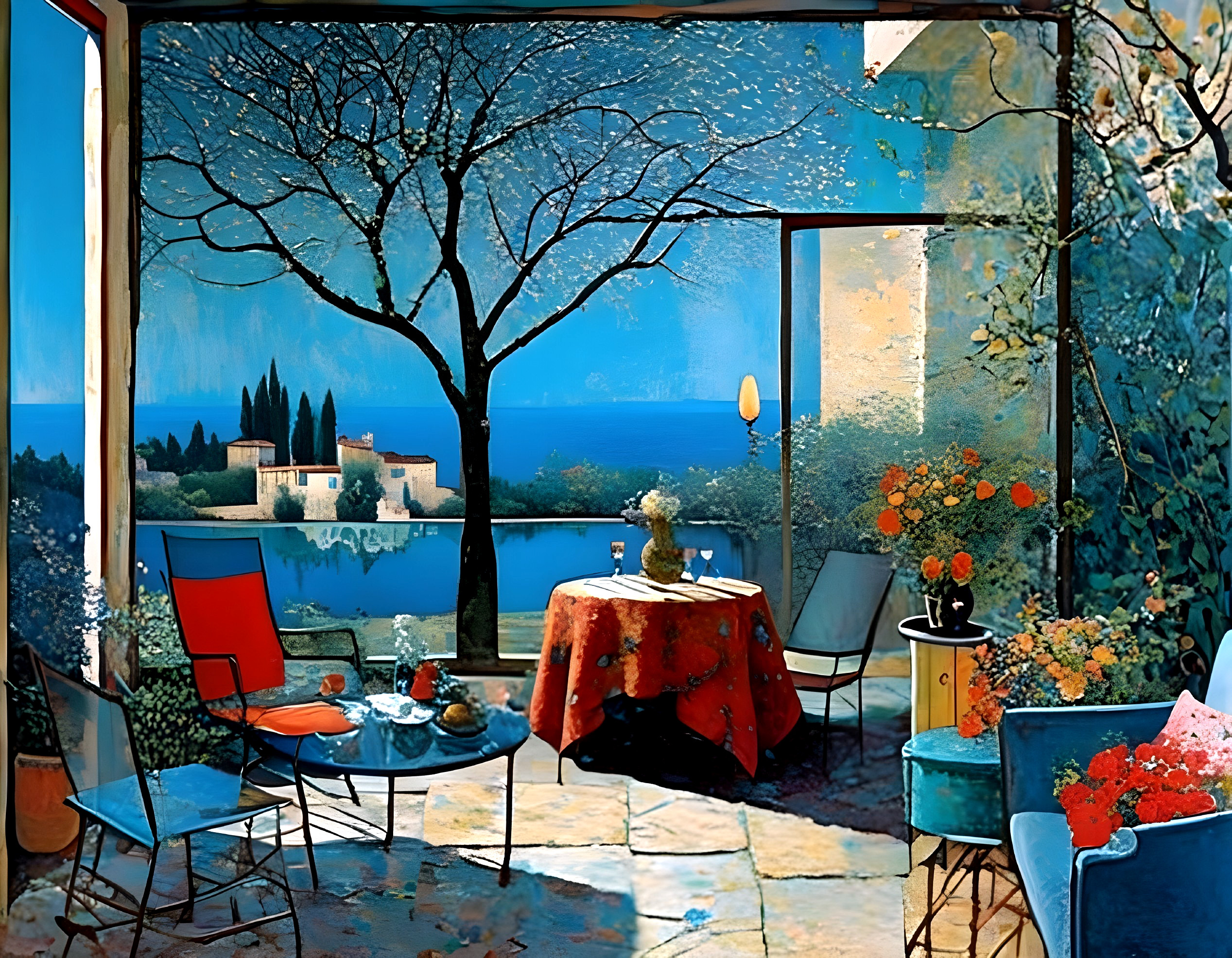 Colorful Interior Scene with Sea View and Plants