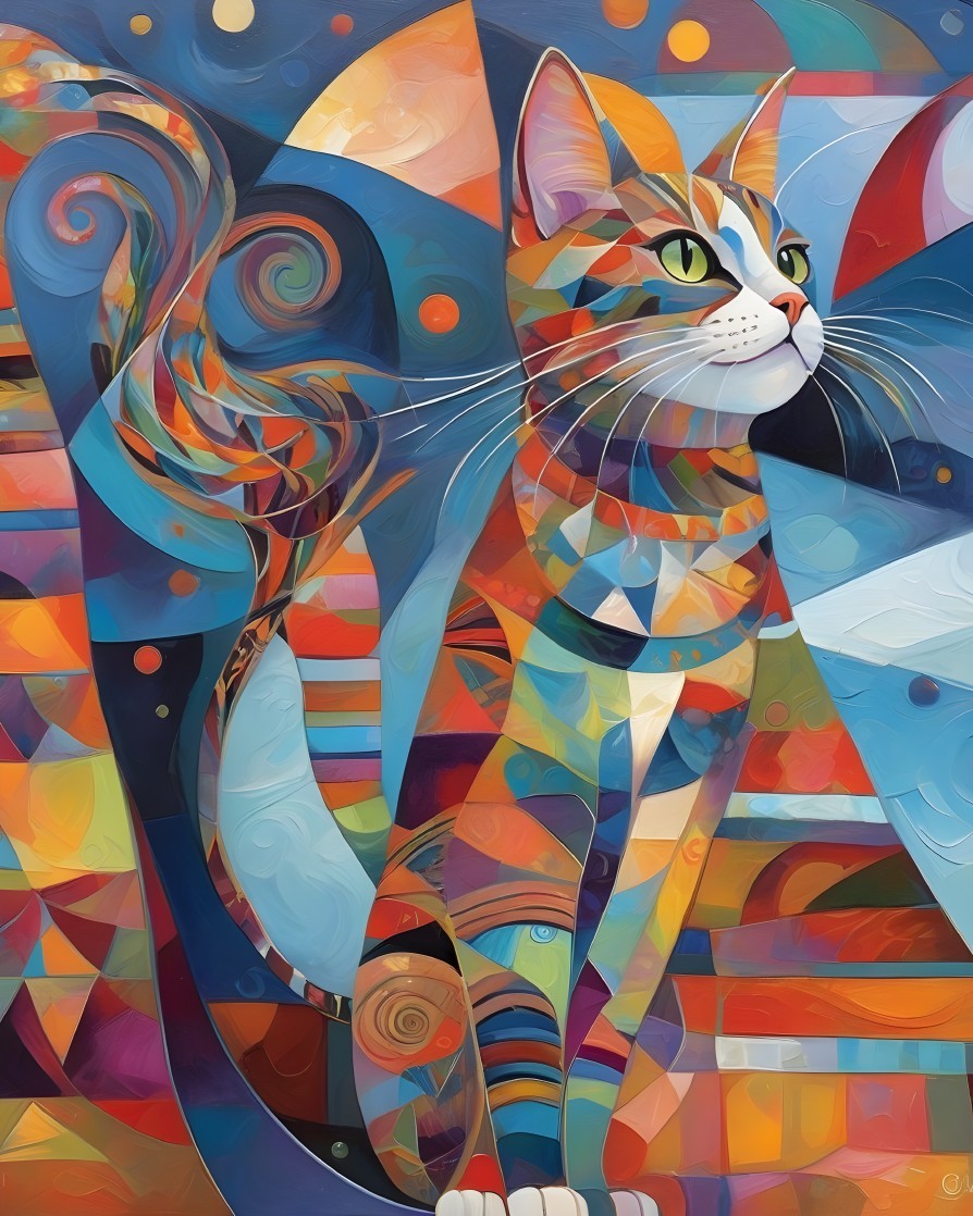 Abstract Cat Artwork with Colorful Patterns and Shapes