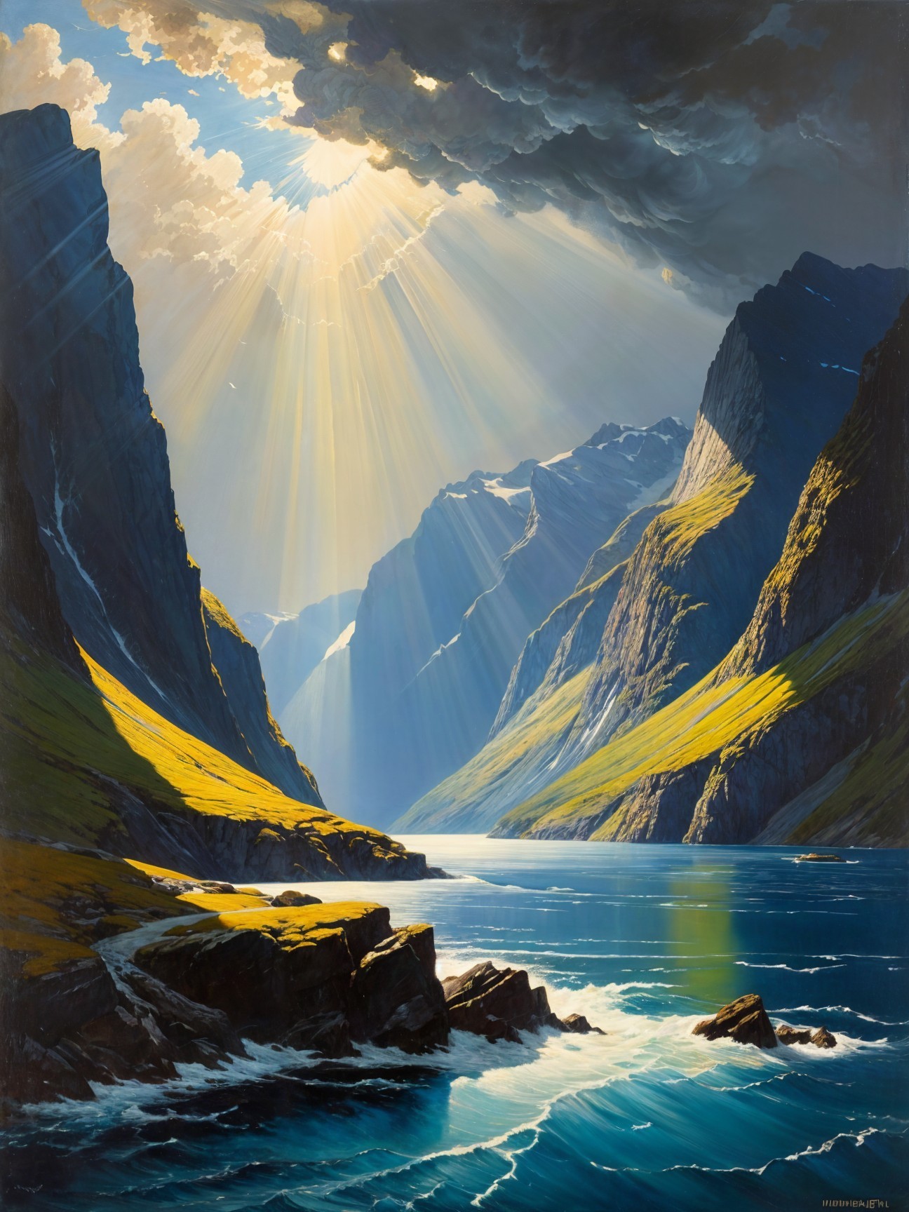 Serene River Surrounded by Towering Mountains and Greenery