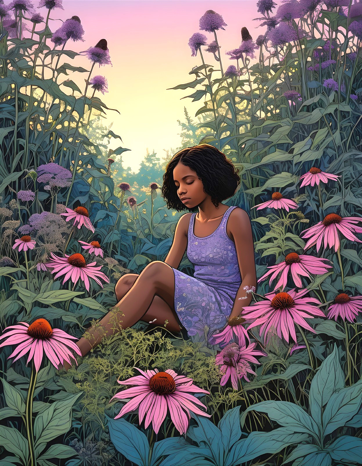 Young girl in lilac dress among vibrant flowers at sunset