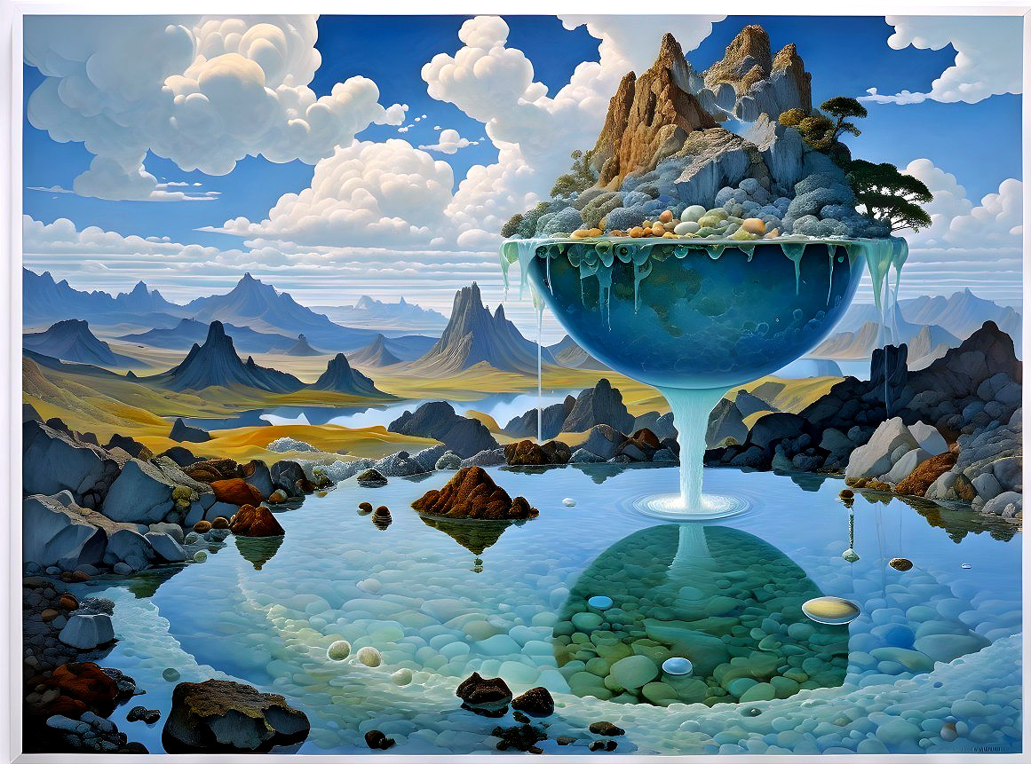 Surreal Landscape with Overflowing Bowl and Mountains