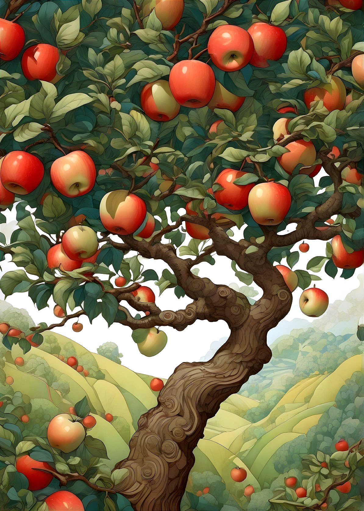 Whimsical Apple Tree Surrounded by Rolling Hills