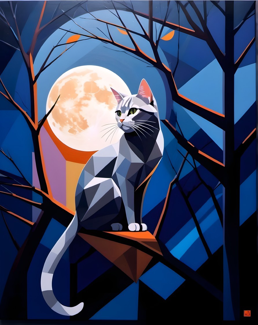Geometric Cat on Branch with Luminous Moon Backdrop