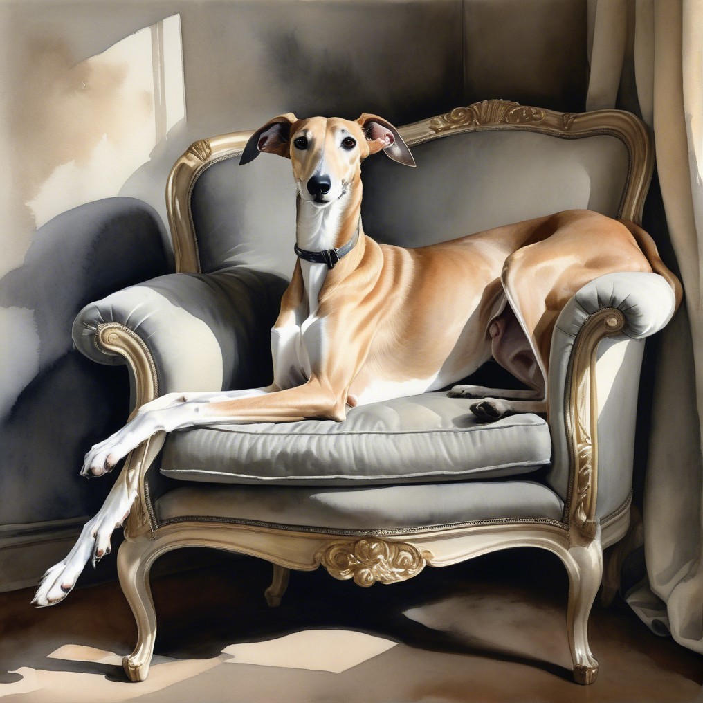 Greyhound on Vintage Armchair with Sunlight Highlights