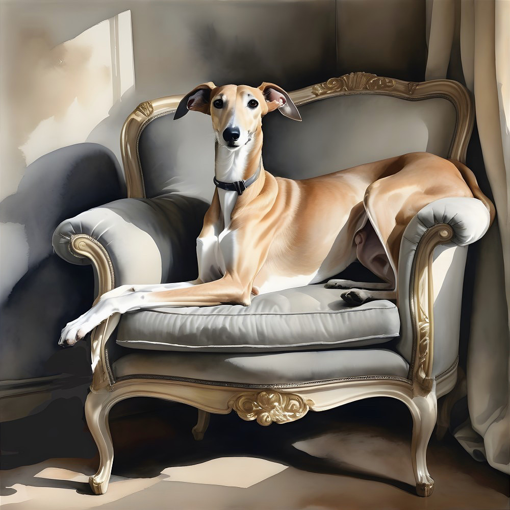 Greyhound on Vintage Armchair with Sunlight Highlights
