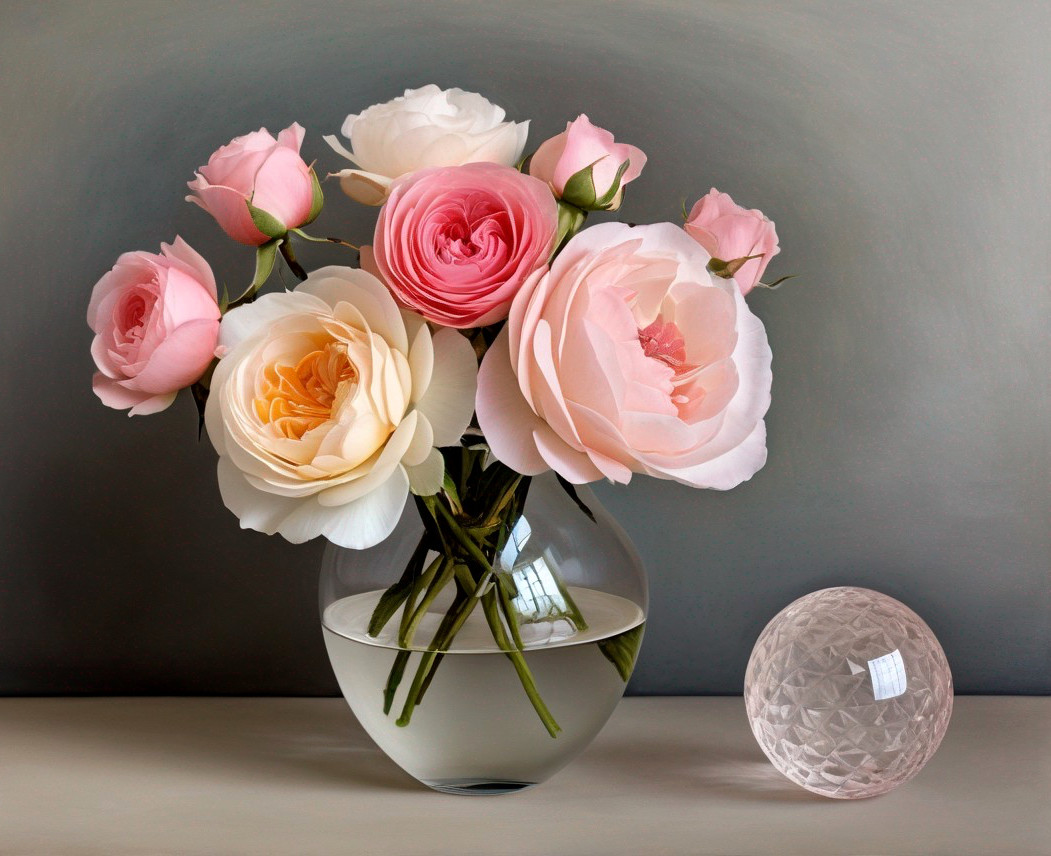 Blooming roses in pastel vase with spherical object on grey surface