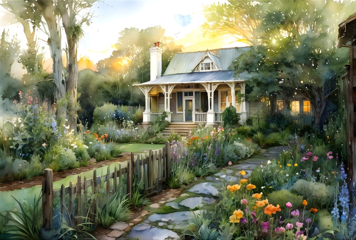 Charming Cottage Surrounded by Vibrant Garden Flowers
