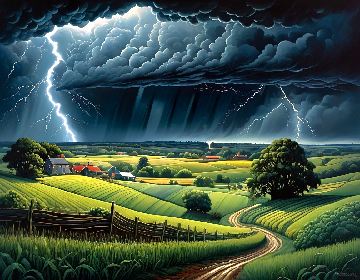 Stormy Landscape with Lightning and Green Fields