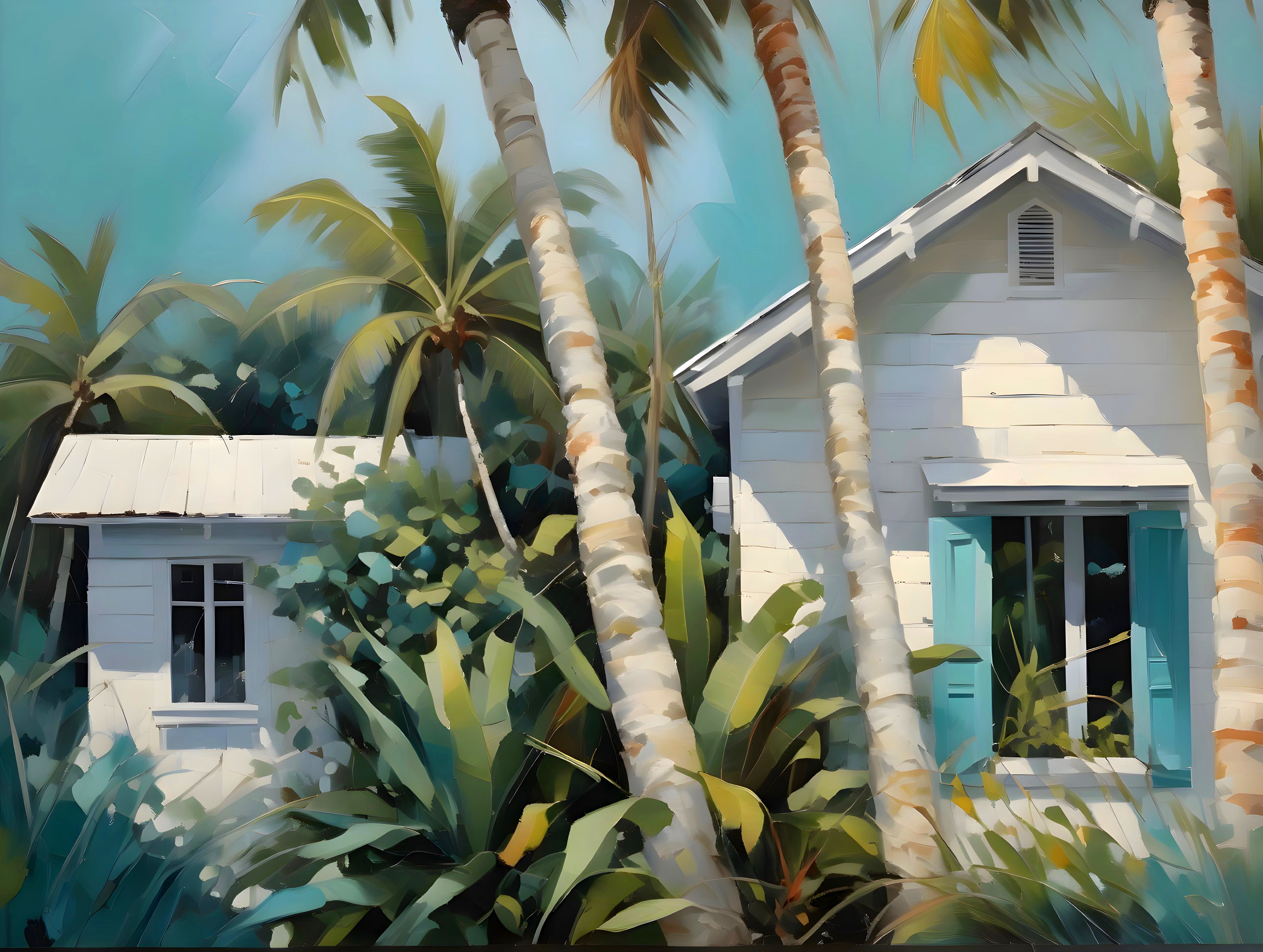 Tropical Scene with White Houses and Lush Greenery