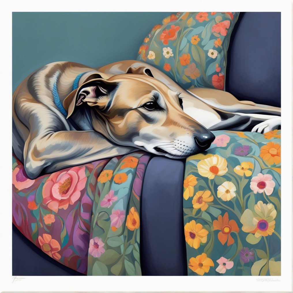 Greyhound on Colorful Couch with Floral Blanket