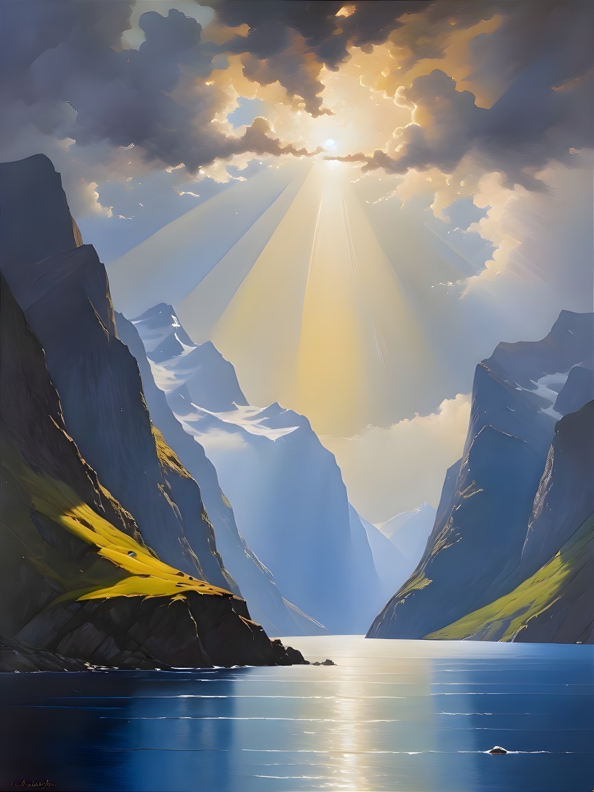 Majestic Mountains and Serene River Landscape Scene