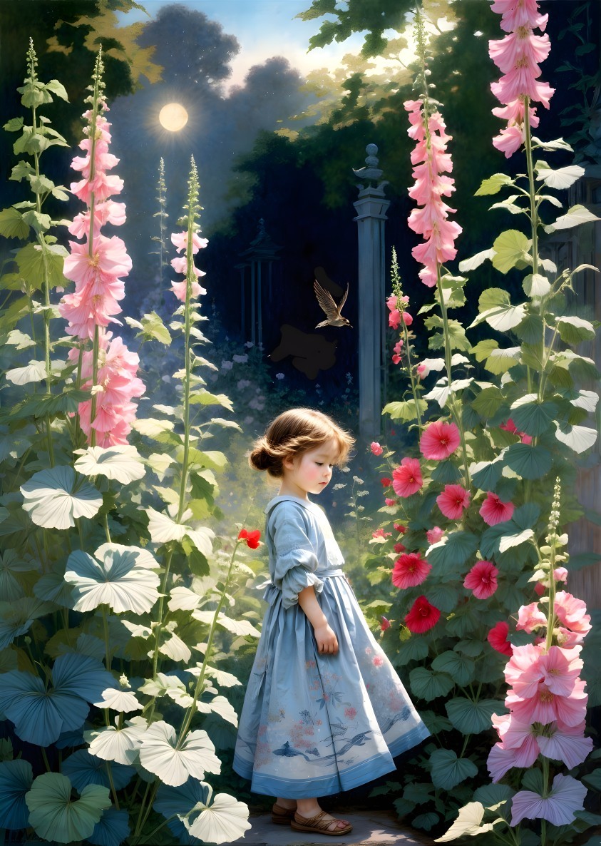 Young Girl in Light Blue Dress in Serene Garden