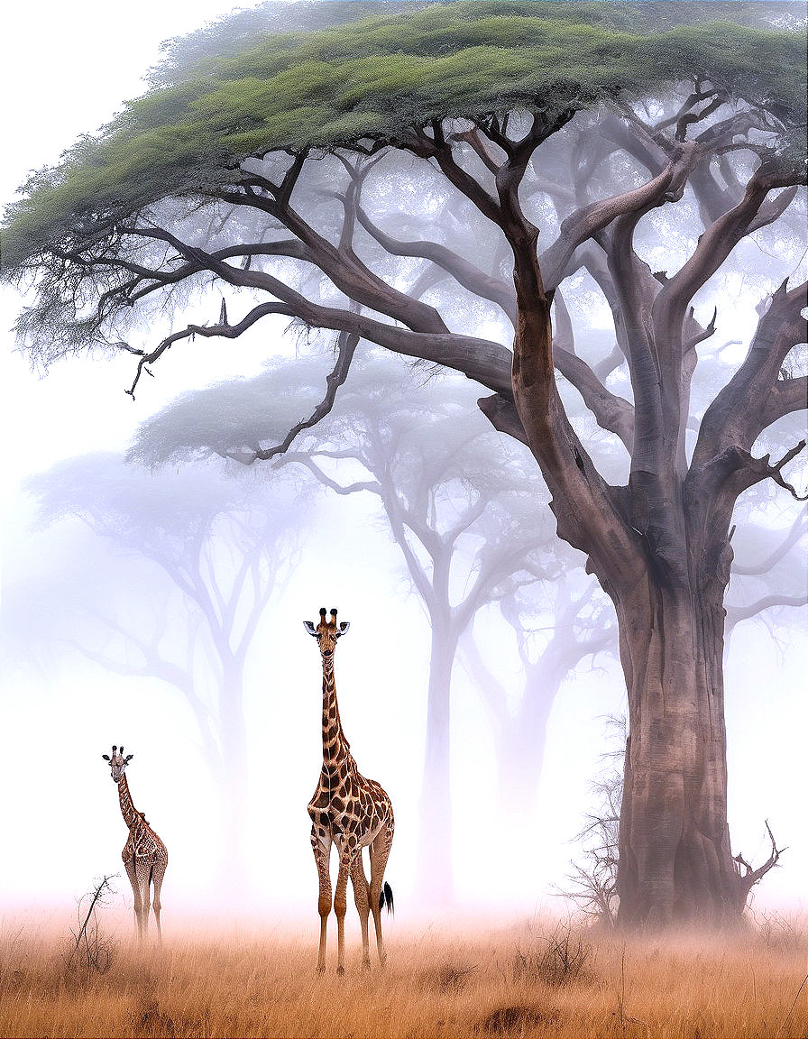Giraffes in a Misty Landscape with Ancient Tree