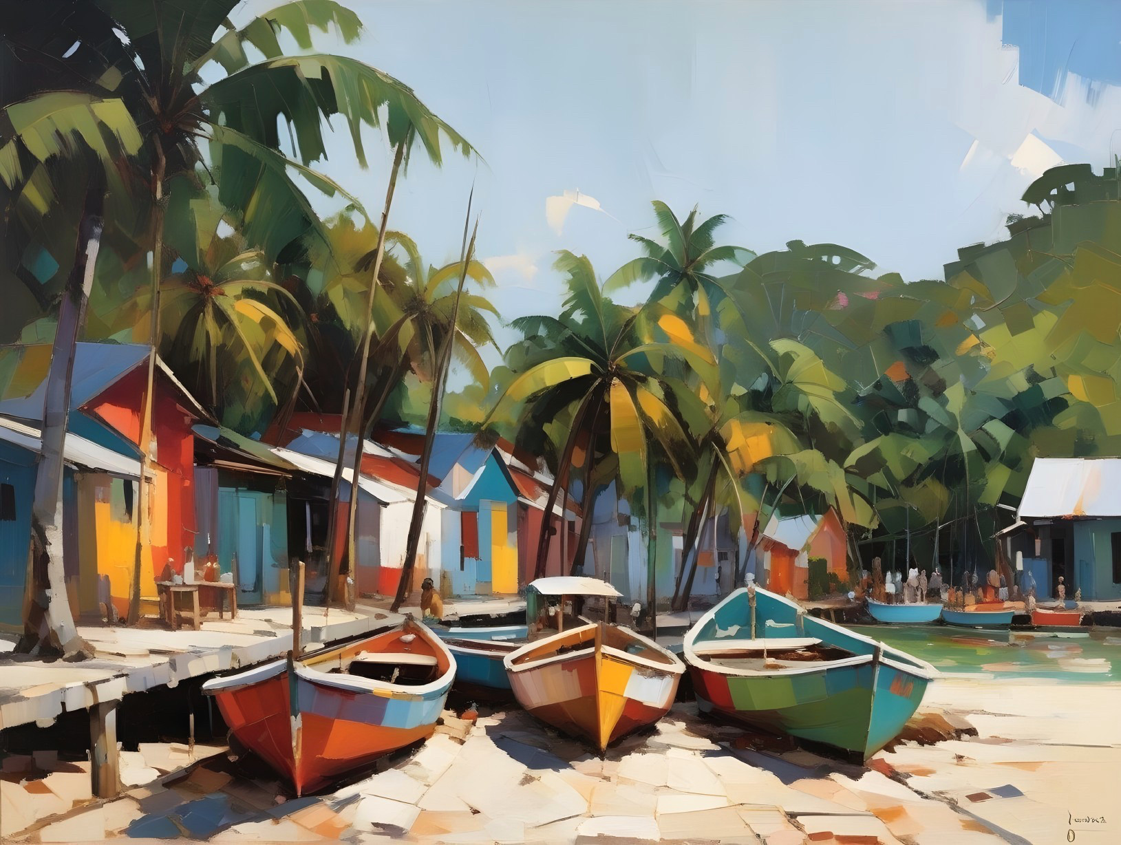 Tropical Harbor with Colorful Boats and Palm Trees