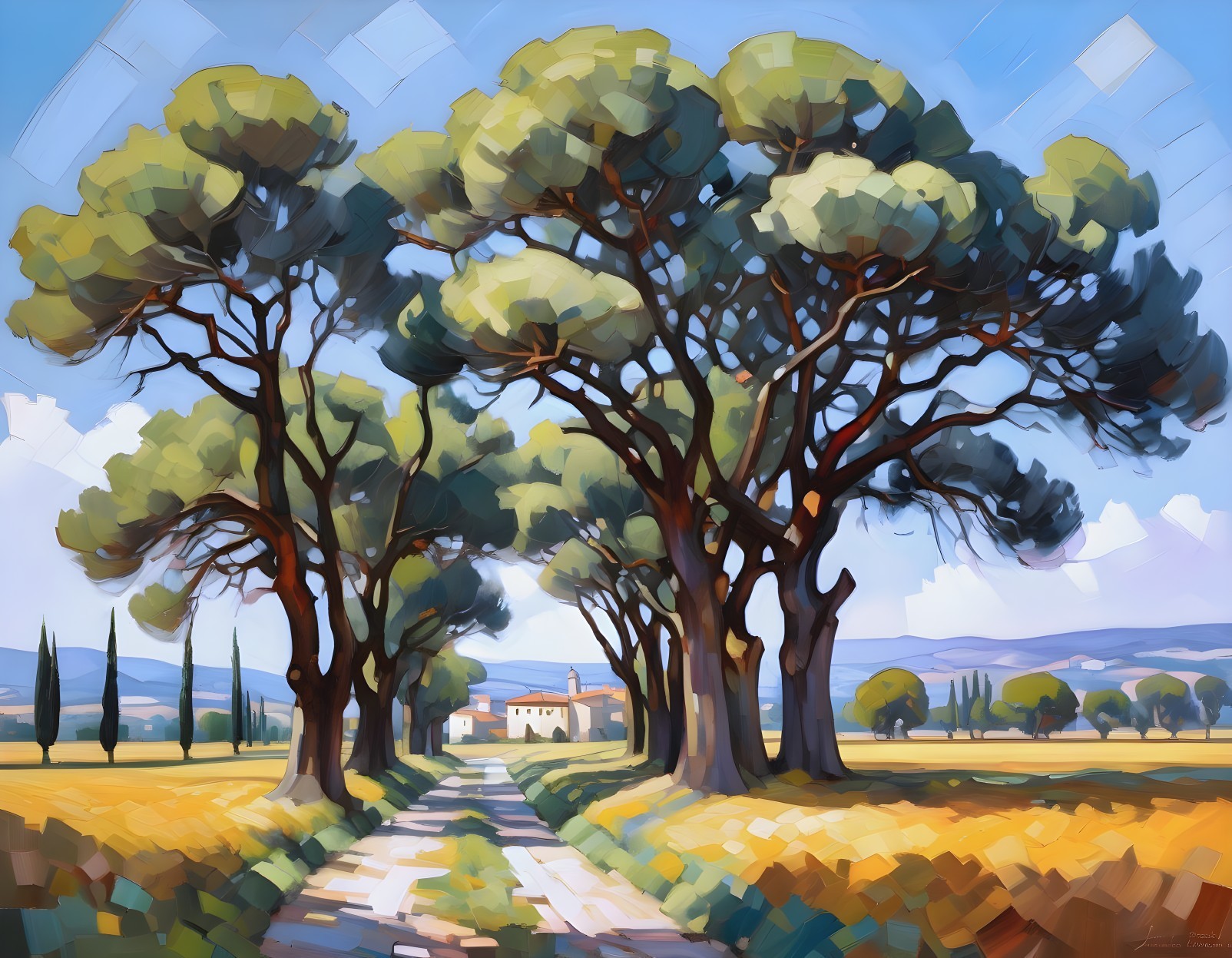 Serene Landscape with Path, Trees, and Farmhouse