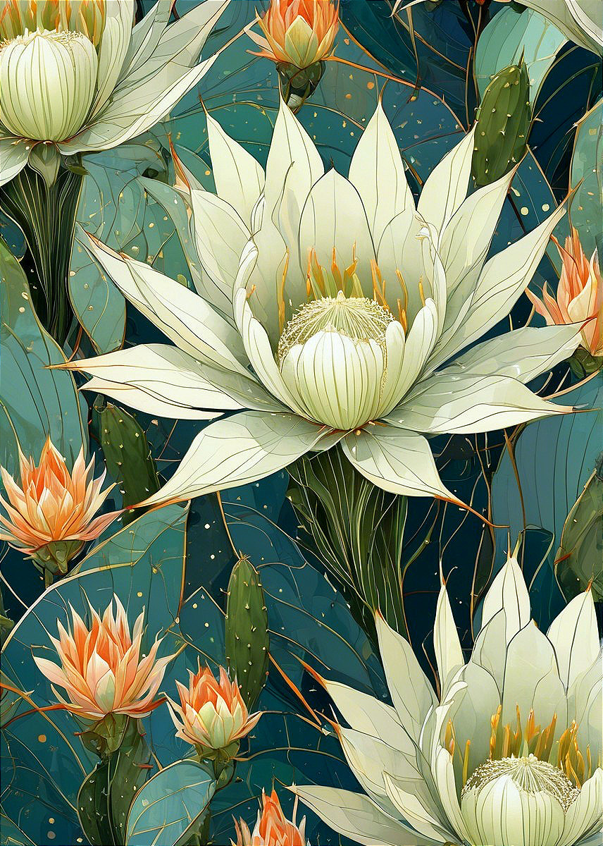 Vibrant Illustration of Water Lilies and Tropical Flora