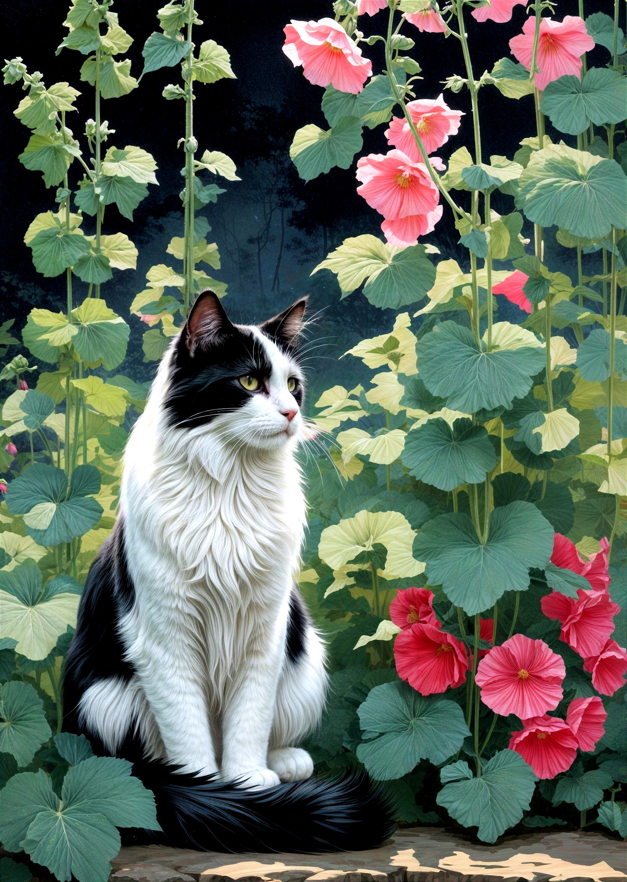 Black and white cat among vibrant pink hollyhocks