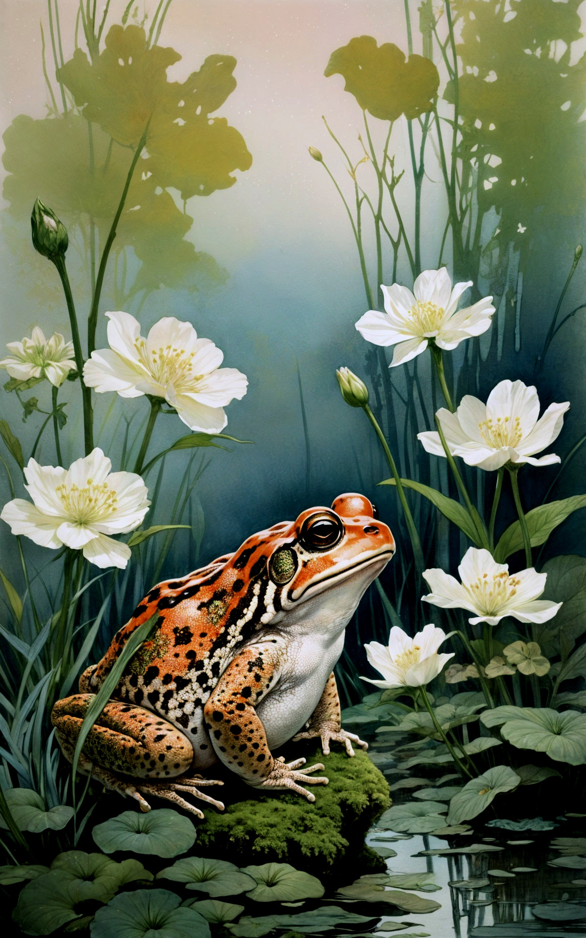 Vivid Frog on Mossy Rock with White Flowers and Water