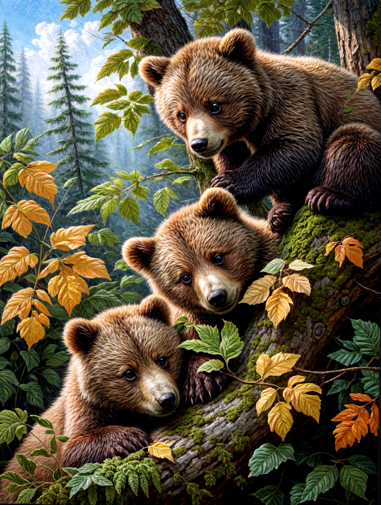 Bear Cubs Playing on a Moss-Covered Tree Branch