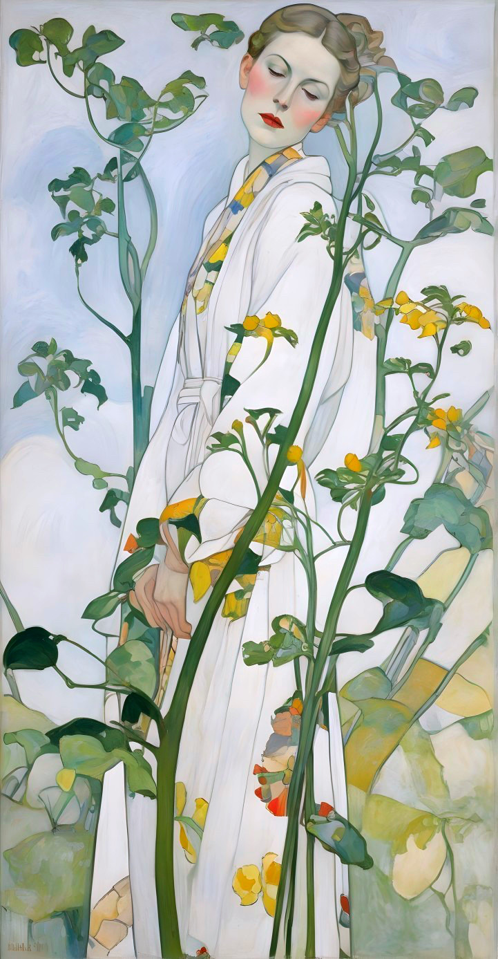 Woman in White Kimono Surrounded by Nature's Beauty