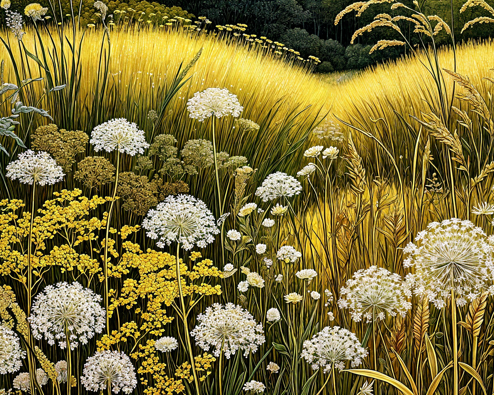 Vibrant landscape of golden grass and colorful flowers