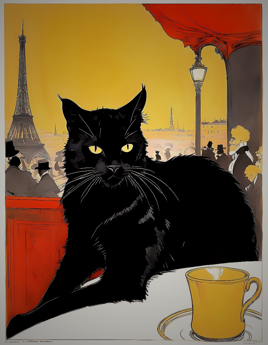 Black Cat at Café with Eiffel Tower in Background