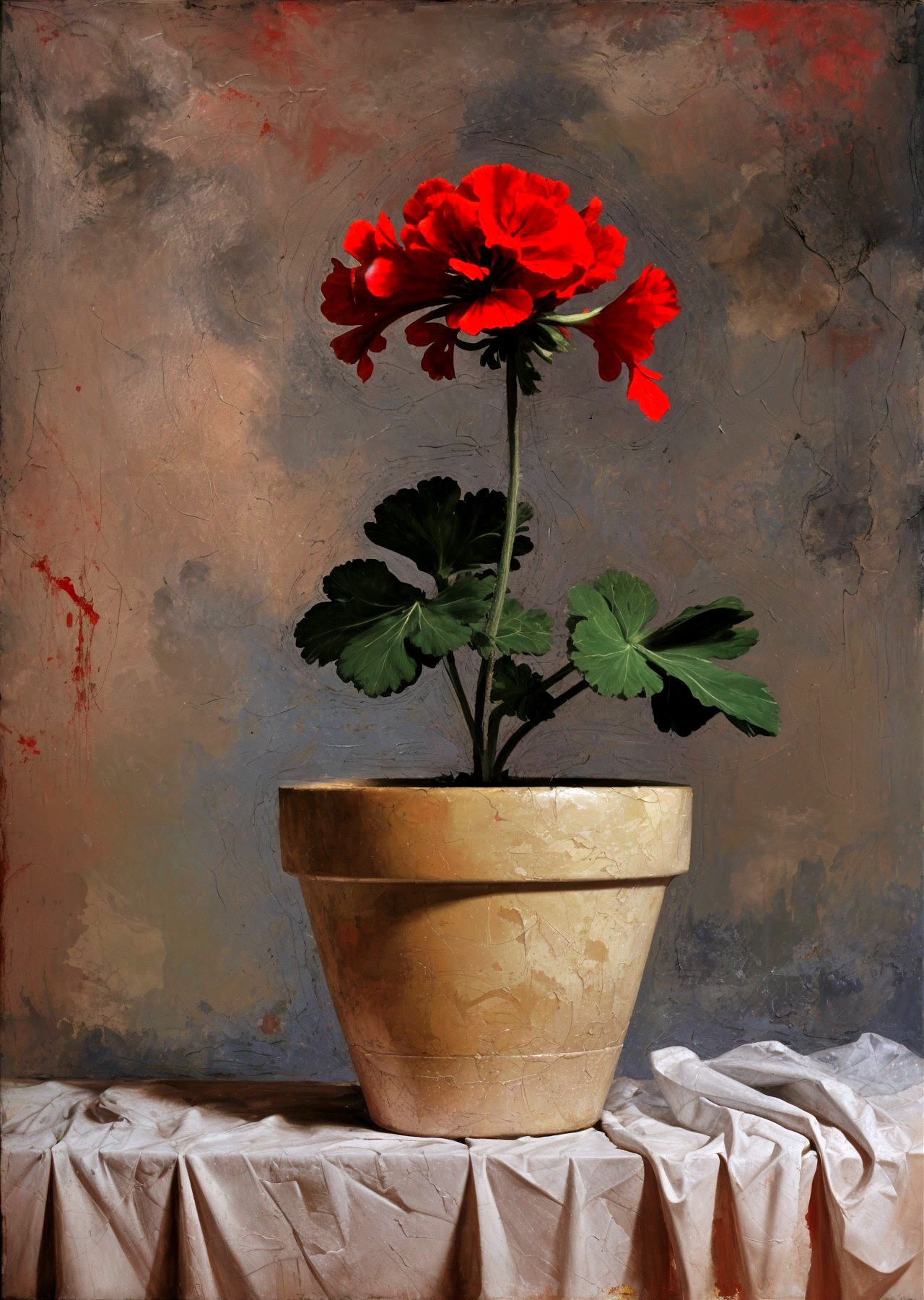 Vibrant Red Geranium in Cream Pot with Green Leaves