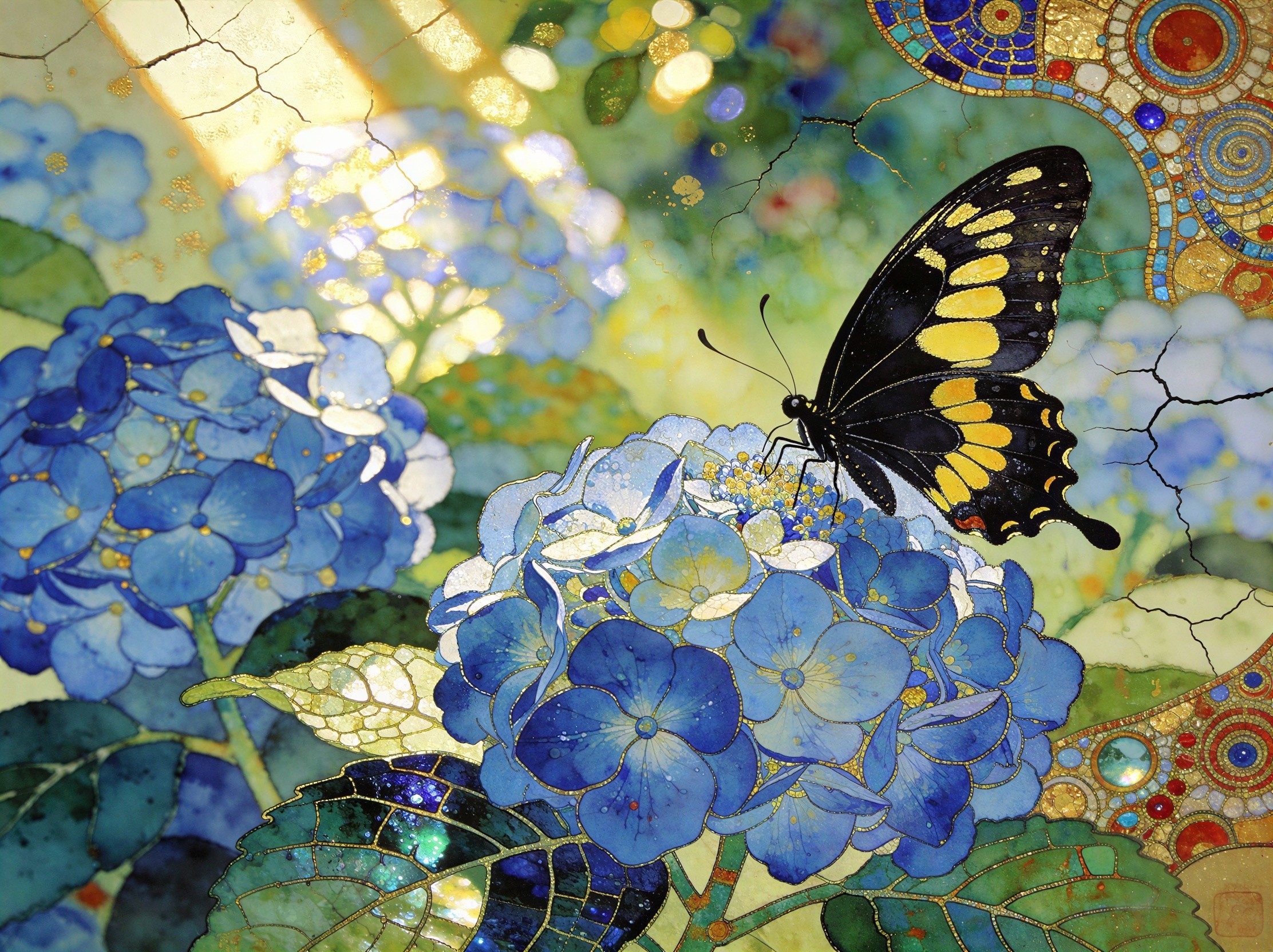Impressionistic Painting of Blue Hydrangea and Butterfly