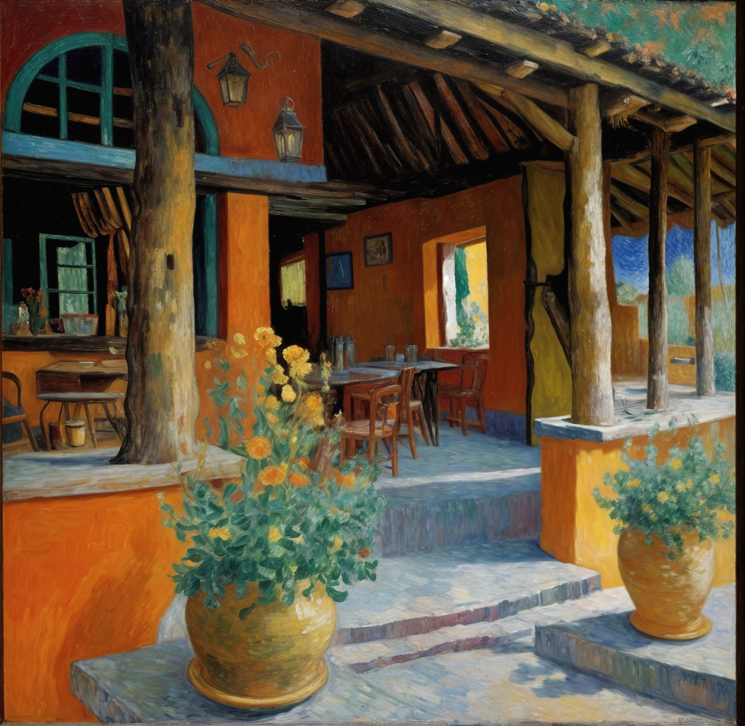 Vibrant Outdoor Setting with Orange Building and Flowers