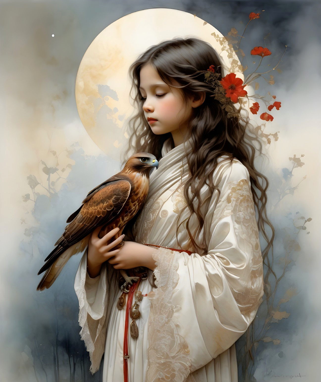 Young girl in white robe with hawk and moon backdrop