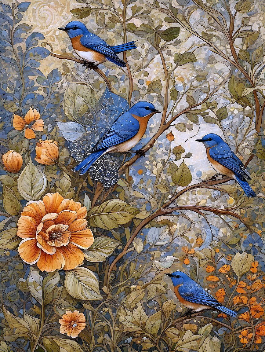 Vibrant Bluebirds Among Green Leaves and Orange Flowers