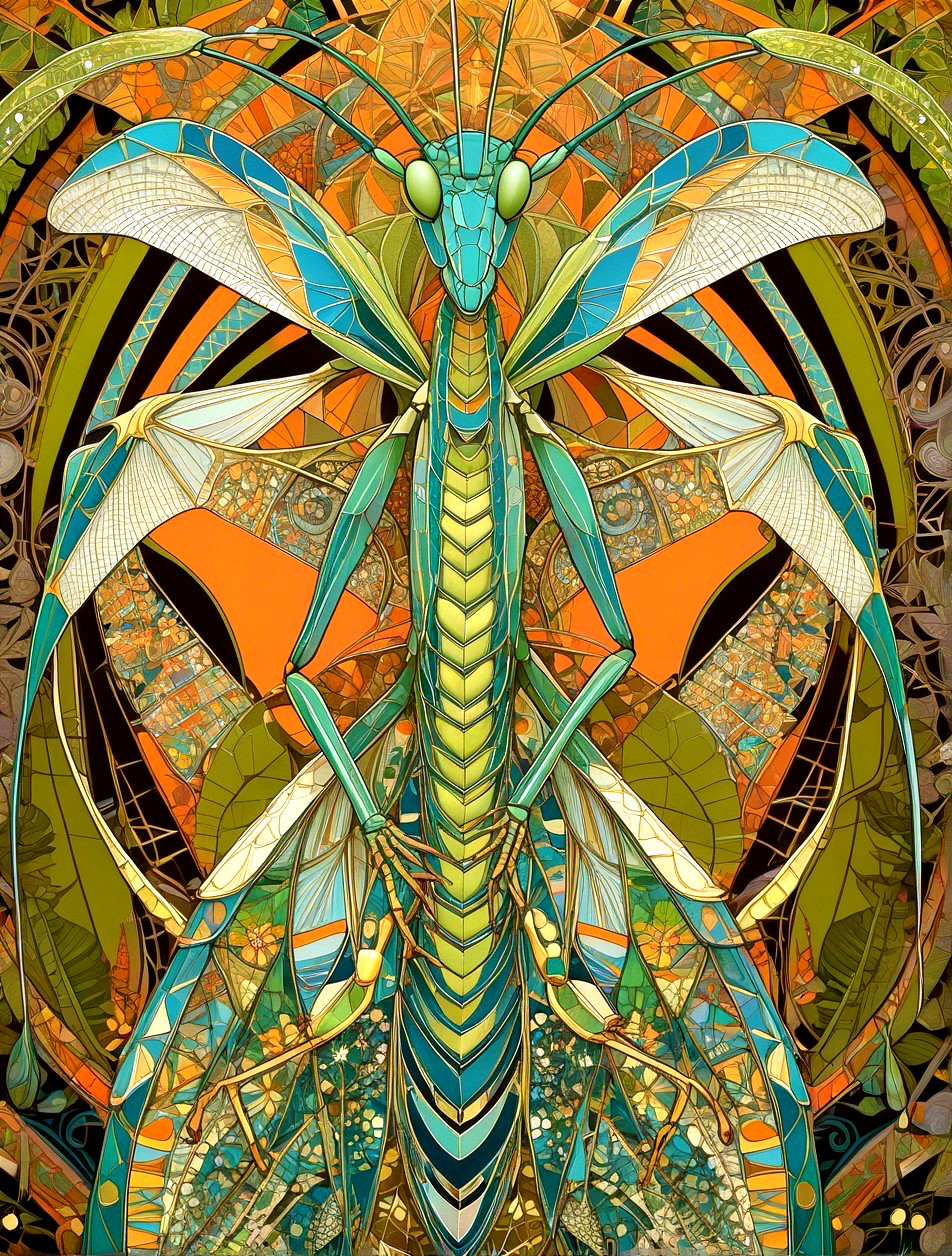 Vibrant Illustration of a Colorful Praying Mantis