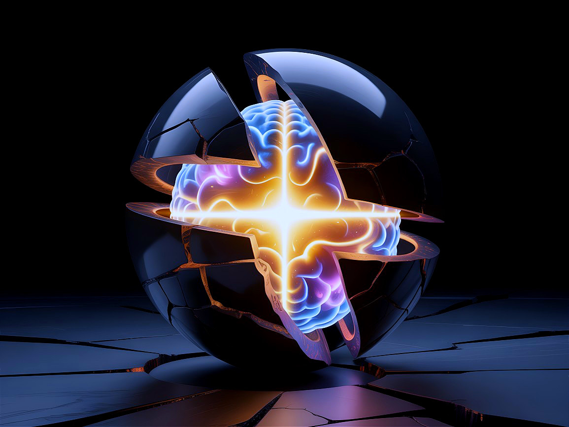 Glossy Black Sphere with Glowing Brain-Like Core