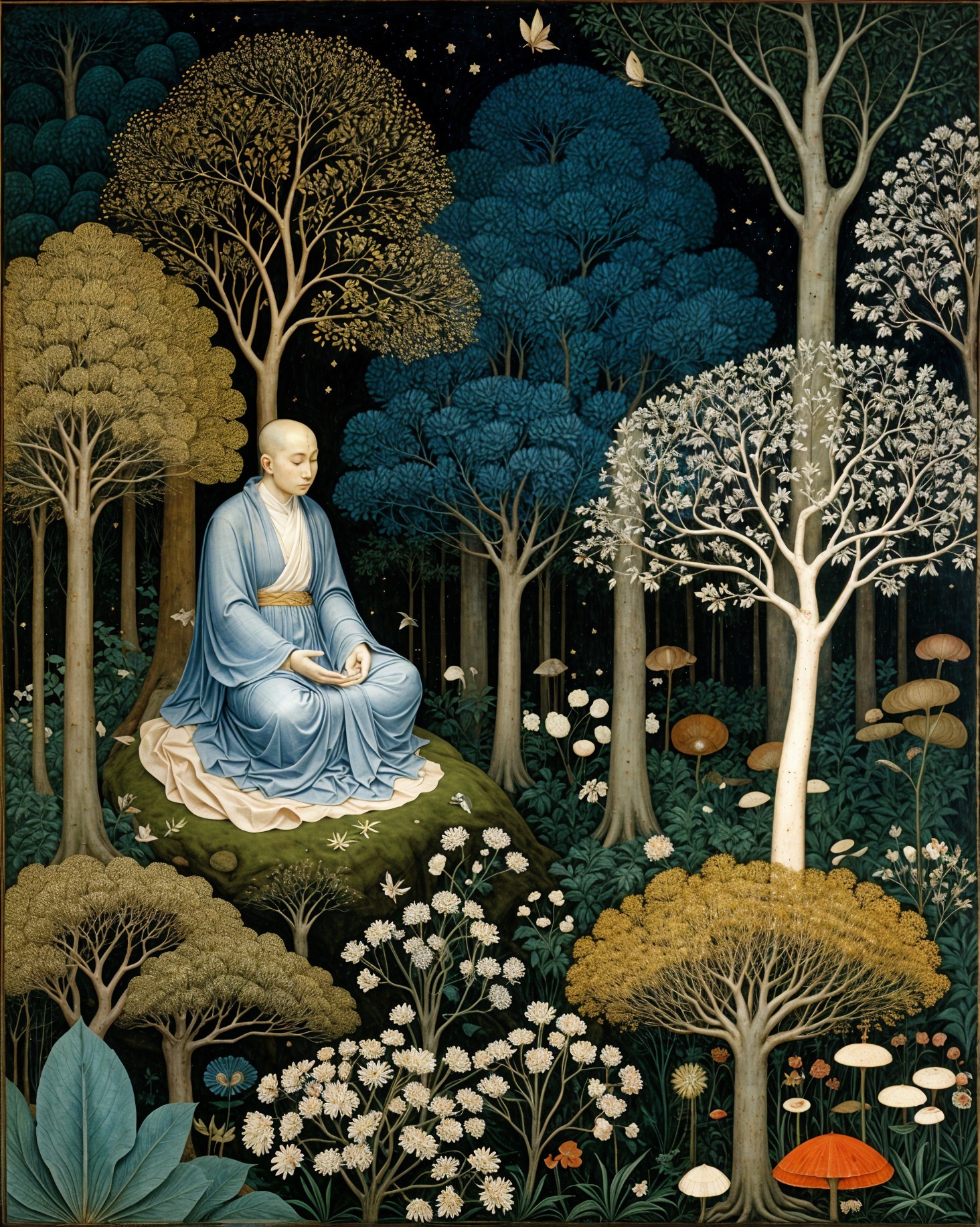 Whimsical Forest Scene with Monk Meditating on Rock