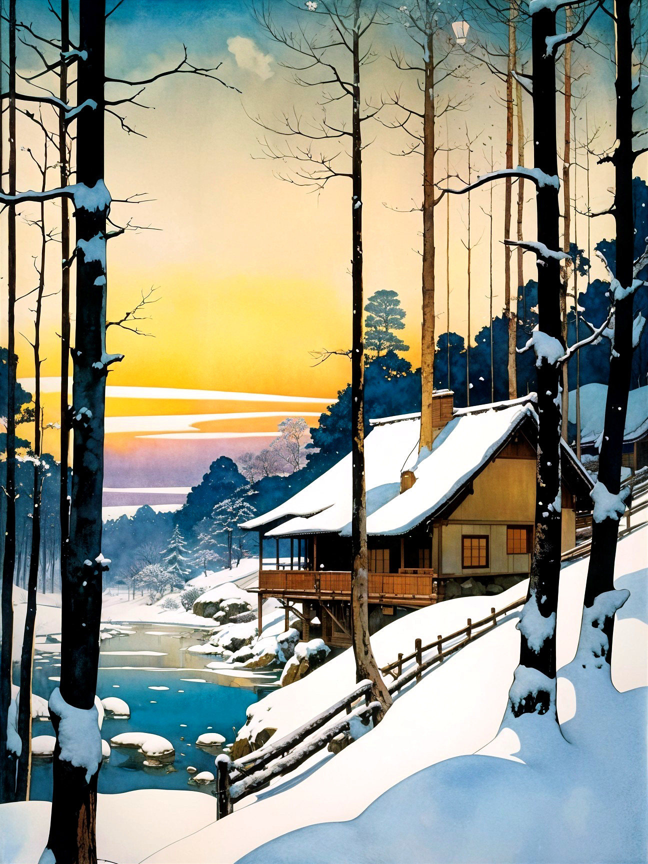 Winter Landscape with Wooden House and River Scene