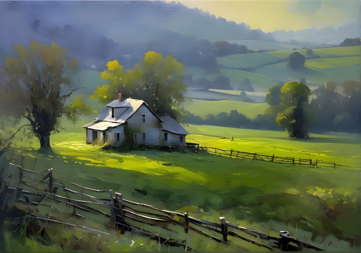 Serene Countryside Scene with Weathered House and Fields