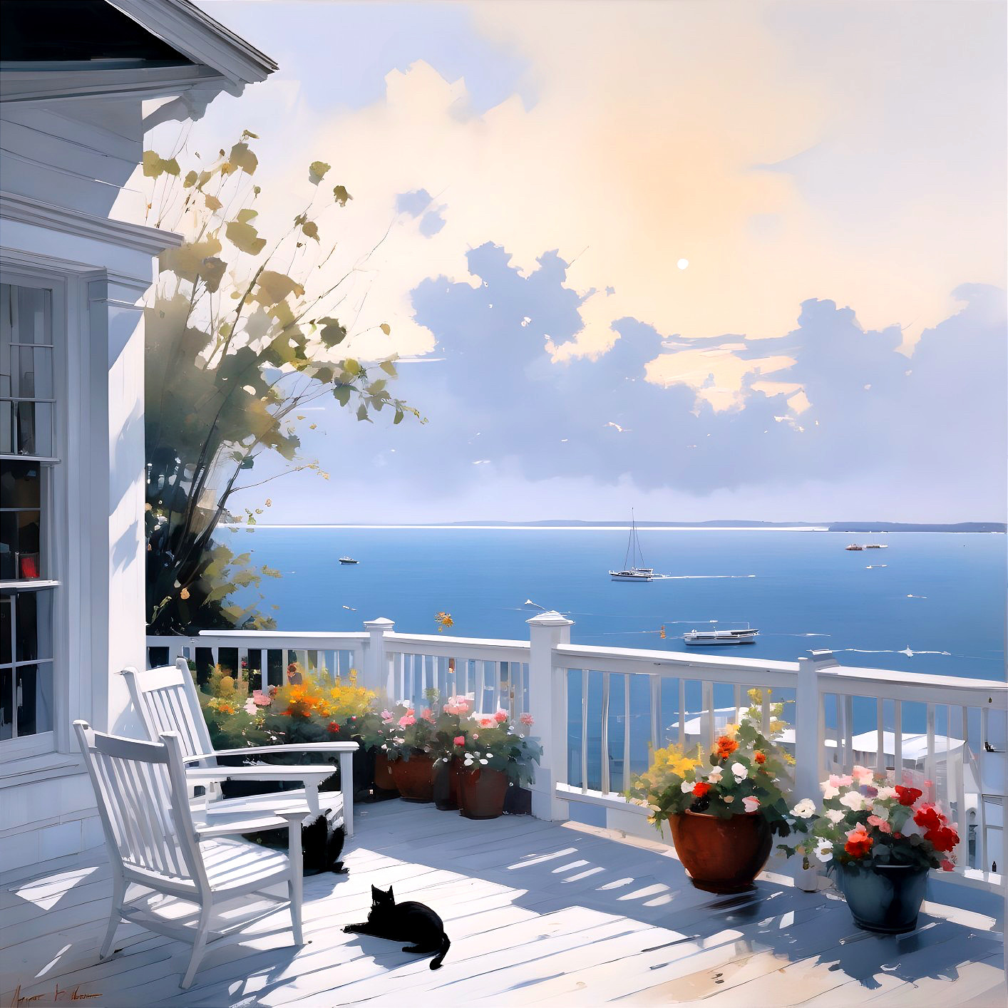Serene Seaside Scene with White House and Sailboats