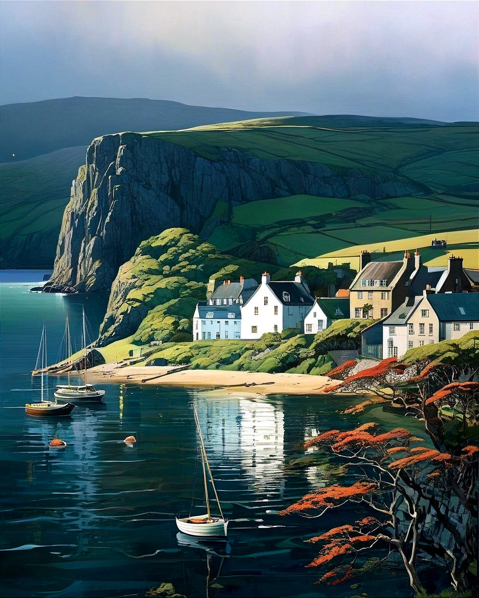 Coastal Village Scene with Lush Green Hills and Cottages