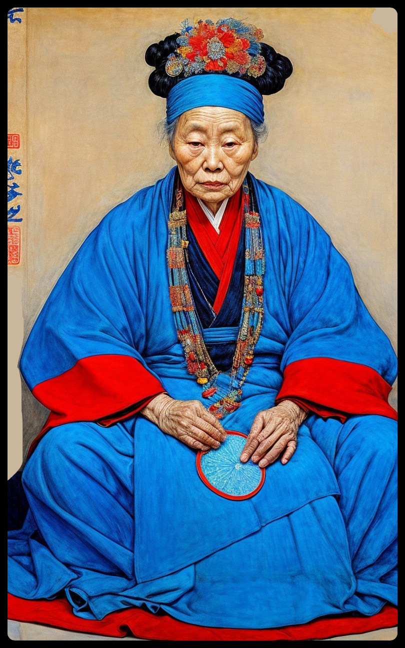 Elderly Woman in Traditional Blue Attire and Headdress