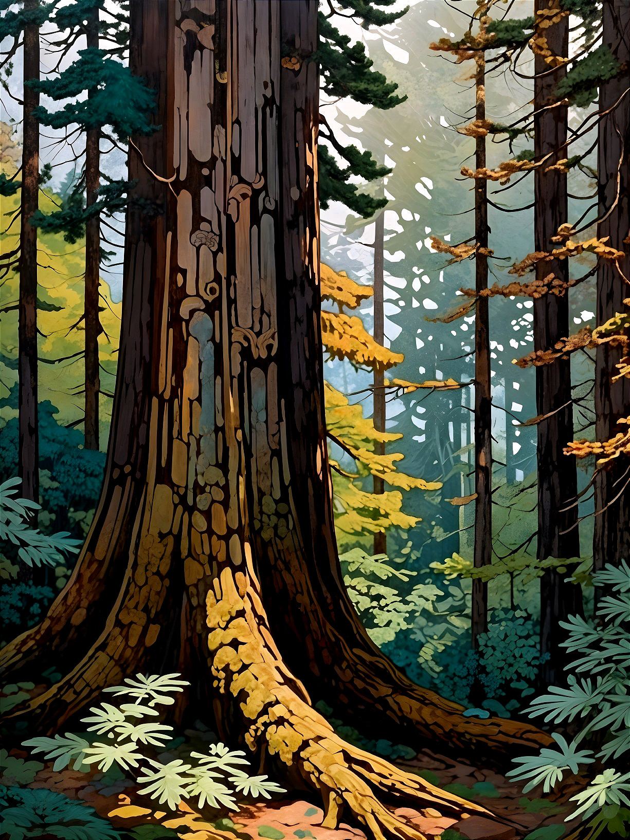 Majestic Tree in a Dense Forest with Vibrant Greens