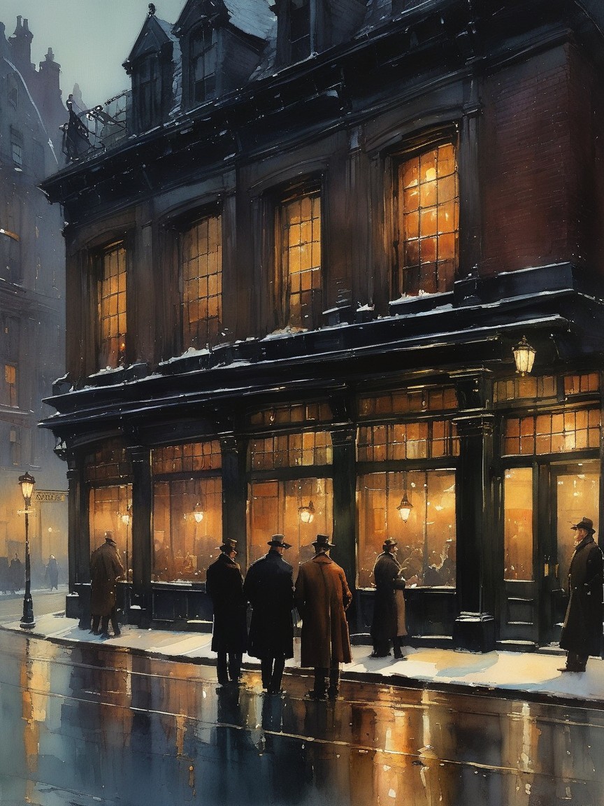Cozy Pub on Frosty Street with Warm Glow and Charm