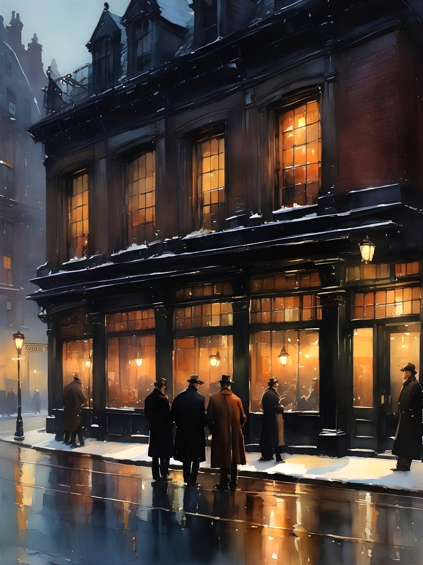 Cozy Pub on Frosty Street with Warm Glow and Charm