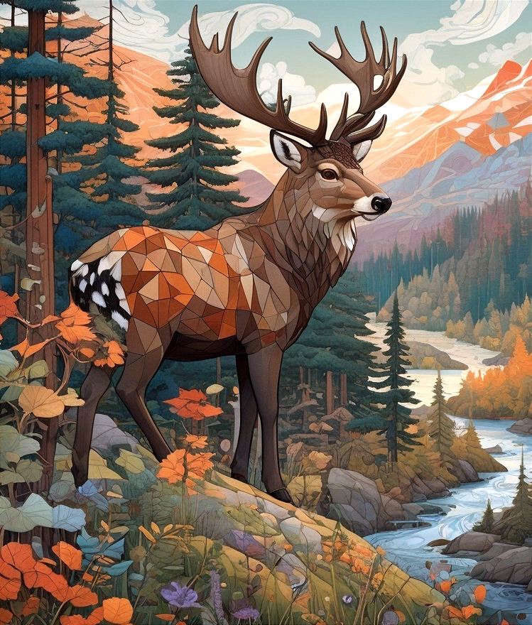 Geometric Deer in Autumn Landscape with Mountains