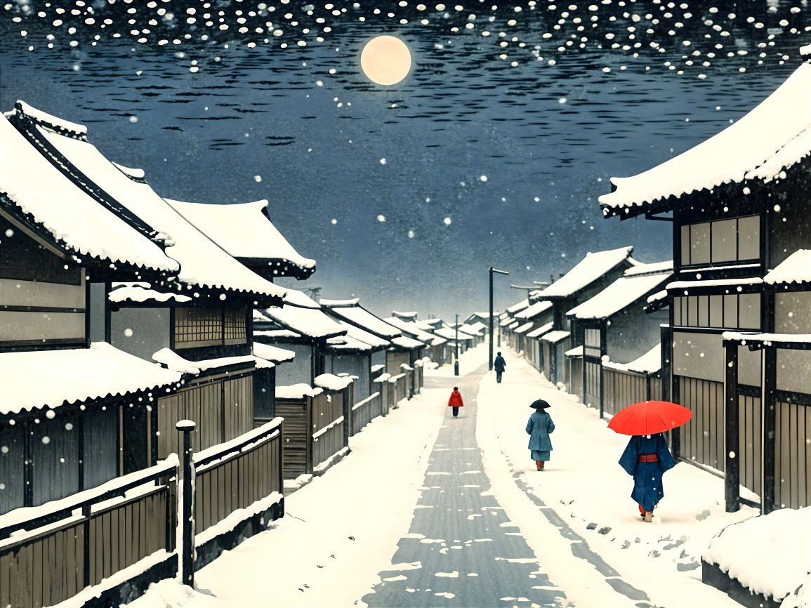 Serene Japanese Winter Scene with Snow and Kimonos