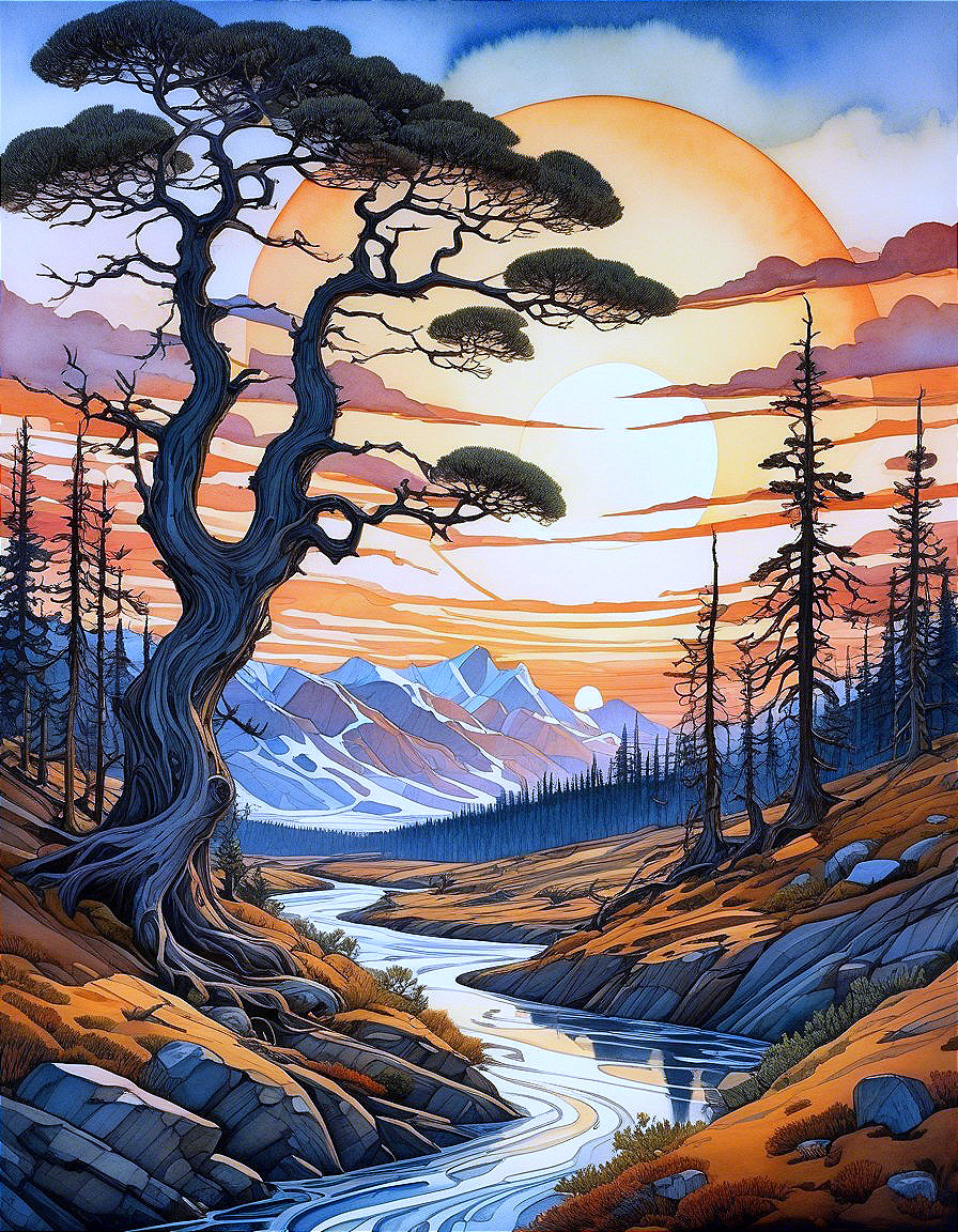 Twisted Tree Silhouette at Vibrant Sunset Landscape