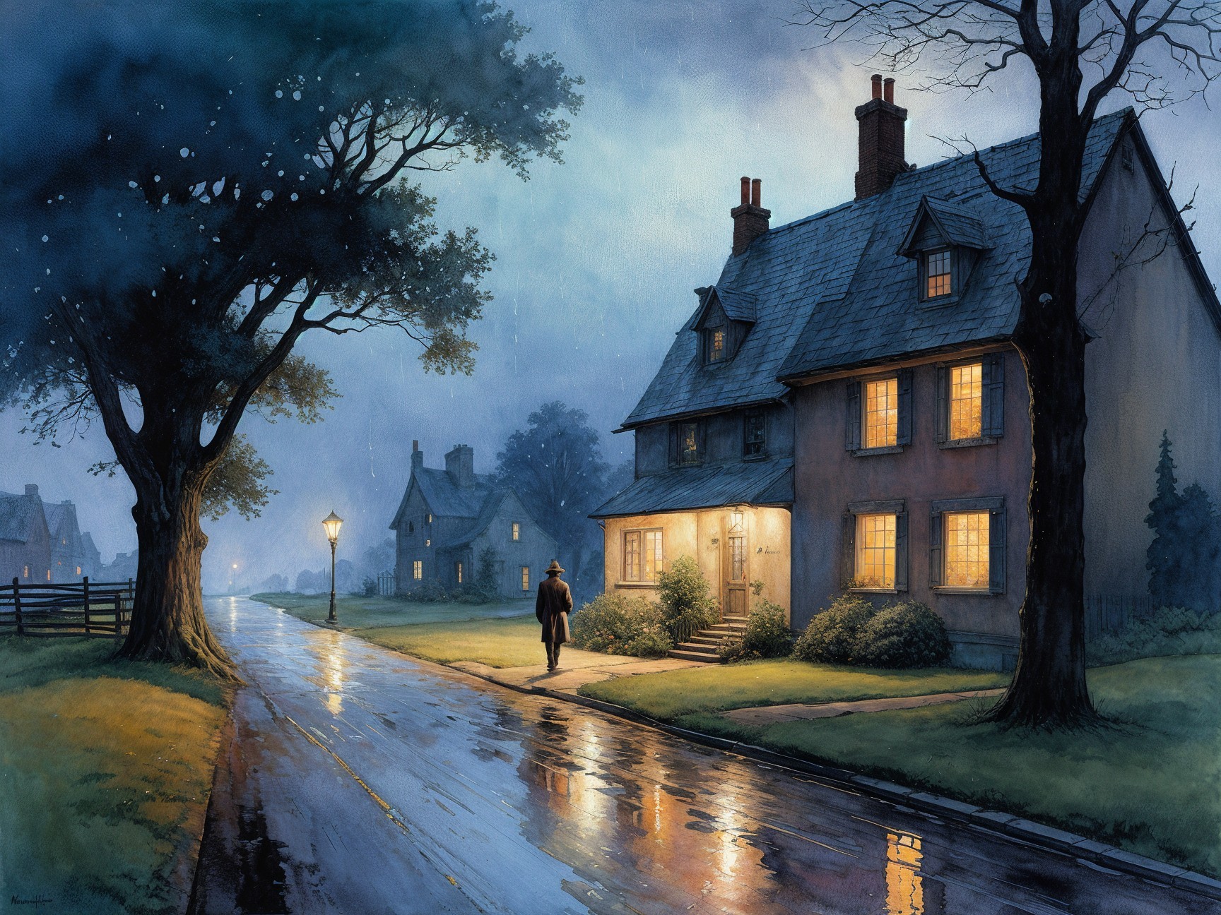 Serene Evening Scene with House and Misty Trees