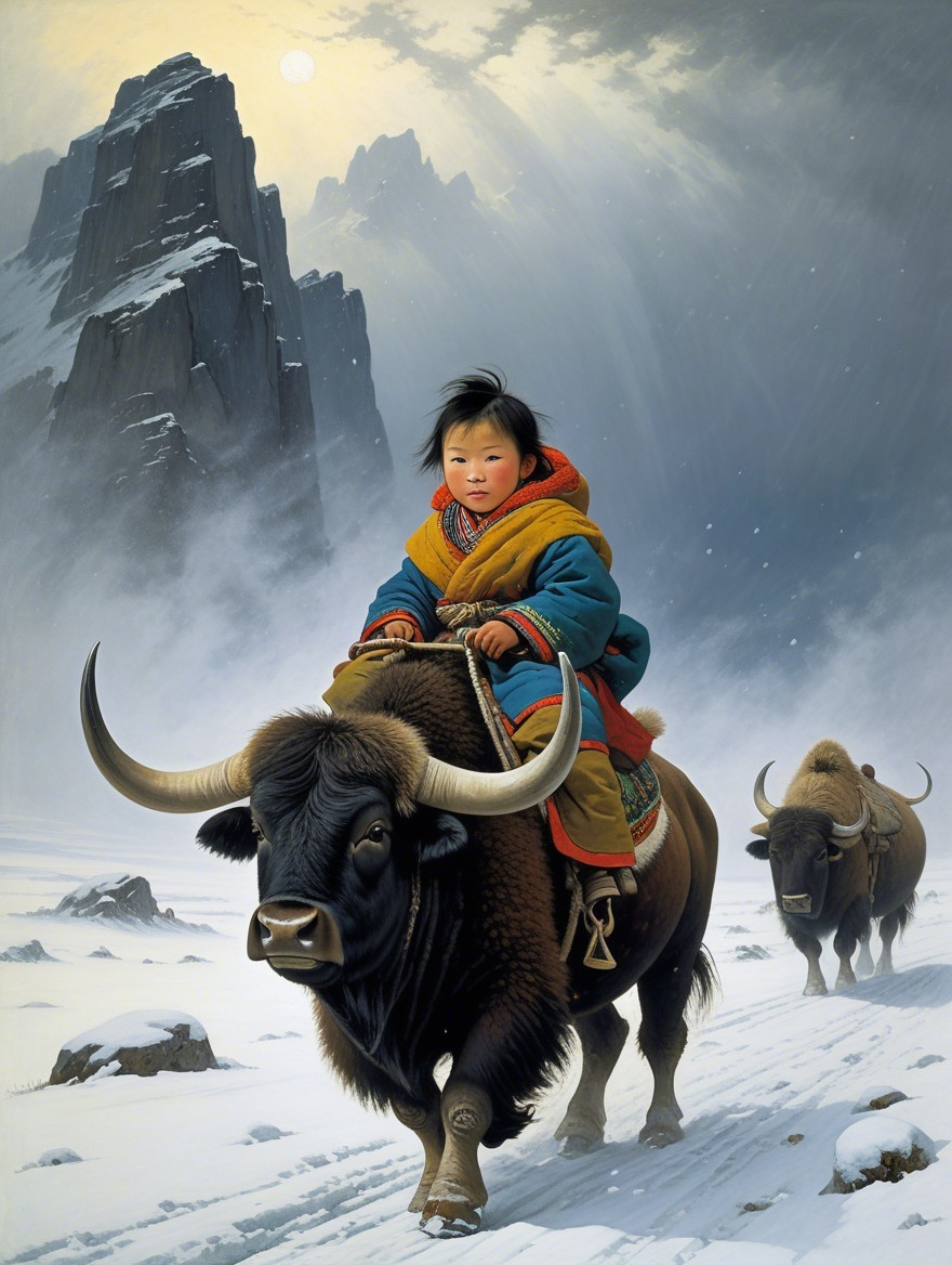 Child Riding a Yak in a Snowy Mountain Landscape