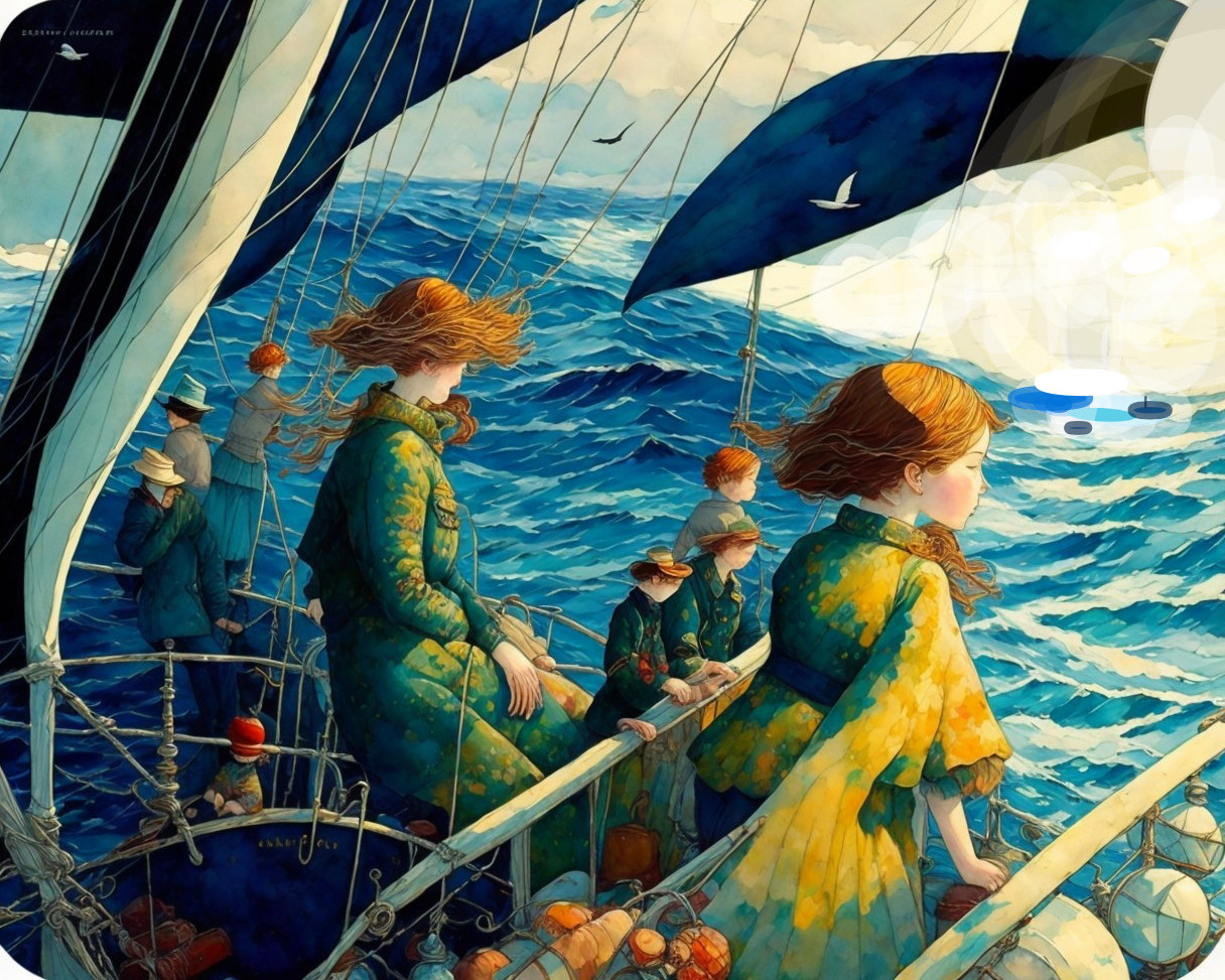 Mermaids and Sailors on a Ship in a Wavy Ocean